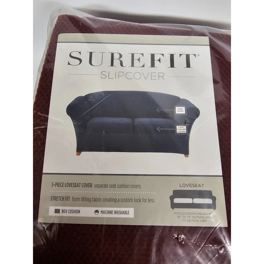 New Surefit crushed pique garnet red loveseat slip box cushion 3 piece cover